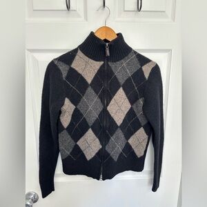 J. Crew Black/Gray/Tan Argyle Full Zip Quiet Luxury Old Money Academia Sweater